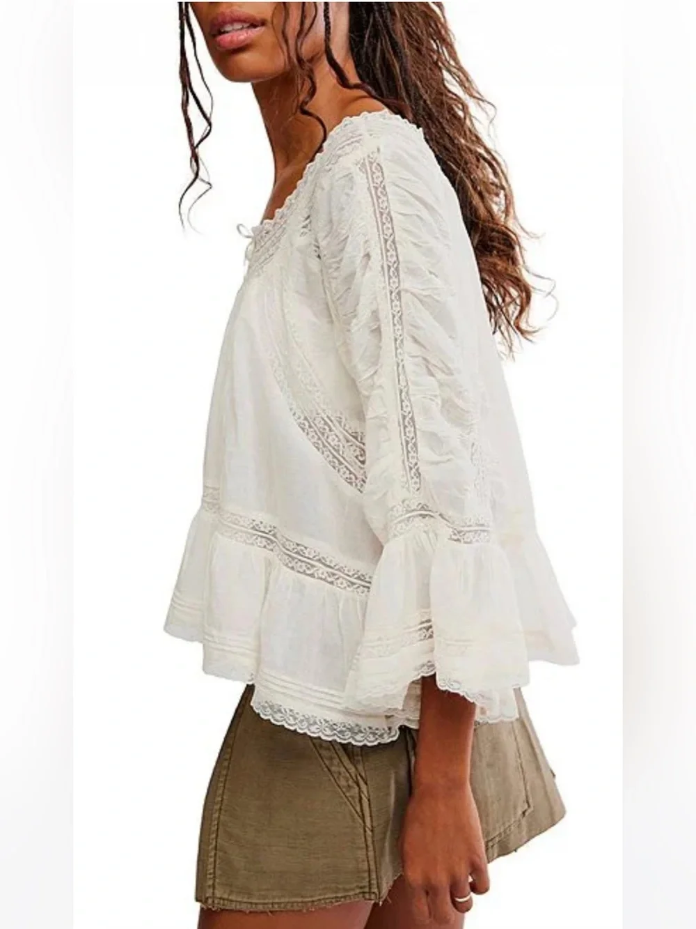 NWT🌷(S) Free People She’s a Romantic Boat Neck Bell Sleeve Lace Paneling Blouse